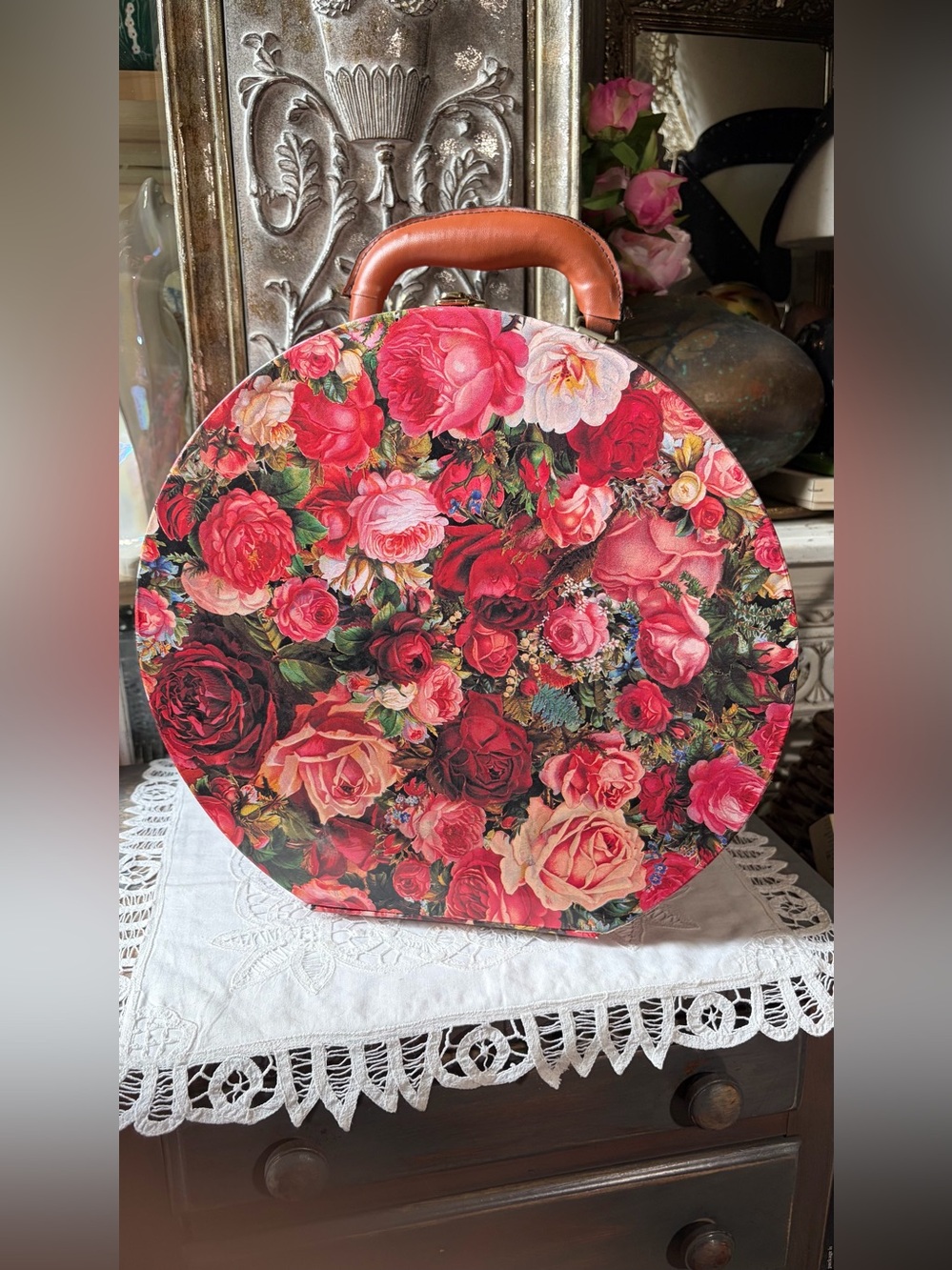 Vintage Hat Box handle red roses cottage decor